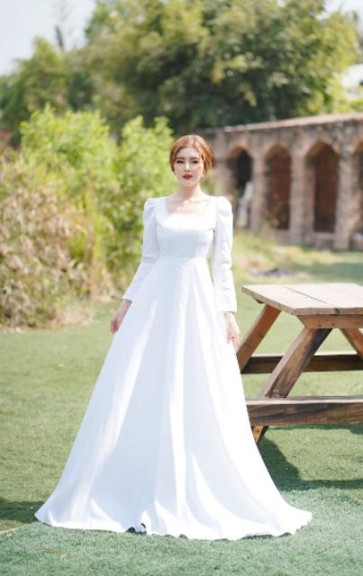 Váy cưới dạ hội dài tay thiết kế cổ vuông - siêu đẹp | Shopee Việt Nam